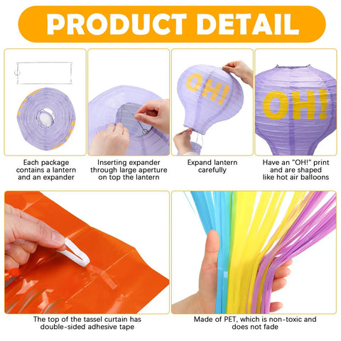 Pastel Grad Party Decorations Kit With 6 Printed Hot Air Balloon Paper Lanterns And 2 Tinsel Foil Fringe Curtains For School And College Grads Decor Supplies Perfect For Classrooms Dorms And Graduation Parties; detailed assembly guide showing balloons and curtains.