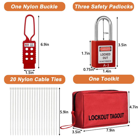 Lockout Tagout Kit For Electrical Safety With Group Lockout Hasps And Padlocks, 1 Tool Bag, 20 Nylon Ties, 3 Padlocks