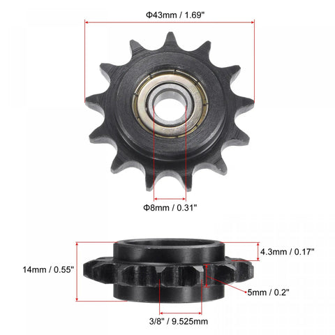 No Sweat 13 Tooth Chain Idler Sprocket with 3/8 Inch Pitch and 8 Mm Bore, C45 Carbon Steel, 43mm OD, ideal for home shop builds.