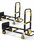 3 In 1 Convertible Hand Truck Dolly With Adjustable Handle Expandable Base And Collapsible Cart Converts Between Two Wheel Upright And Four Wheel Dolly 600 Lbs Capacity Heavy Duty Built To Haul Yellow Two Pack, black steel frame