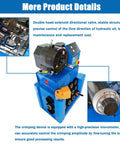 Heavy Duty Hydraulic Hose Crimping Machine Badass Vertical Electric Press With Hella Precise Foot Pedal Control Top Tier 13 Die Set close-up on solenoid valve and micrometer.