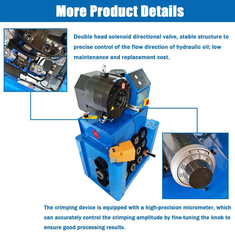 Heavy Duty Hydraulic Hose Crimping Machine Badass Vertical Electric Press With Hella Precise Foot Pedal Control Top Tier 13 Die Set close-up on solenoid valve and micrometer.