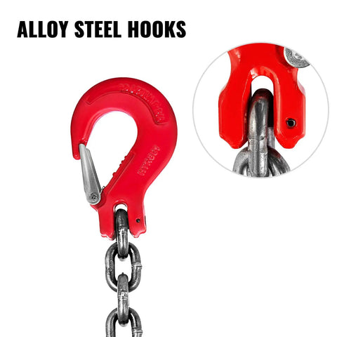 Heavy Duty 3 Eighth Inch By 5 Foot Double Leg Chain Sling With Grab Hooks G80 Manganese Steel Chain Ultra Tough Lifting Slings For Industrial Use 8800 Lb Working Capacity 4 Ton Lift Capacity, red alloy steel hook close-up