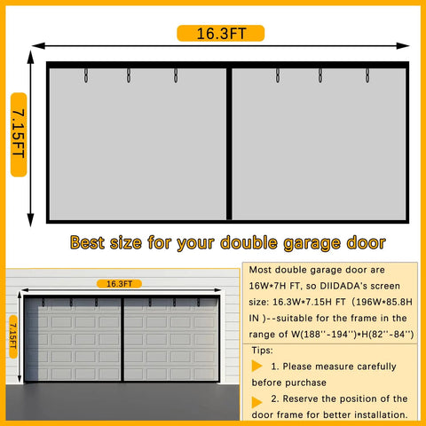 Diagram of Double Garage Screen Door 16x7 Feet for two car garage installation size and fitting instructions.