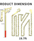 Fence Stretcher Bar Puller Kit 19.7ft Chain, 2200 Lbs Tensioner, gold chain and latch hooks, dimensions displayed