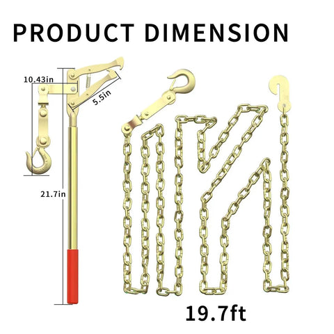 Fence Stretcher Bar Puller Kit 19.7ft Chain, 2200 Lbs Tensioner, gold chain and latch hooks, dimensions displayed