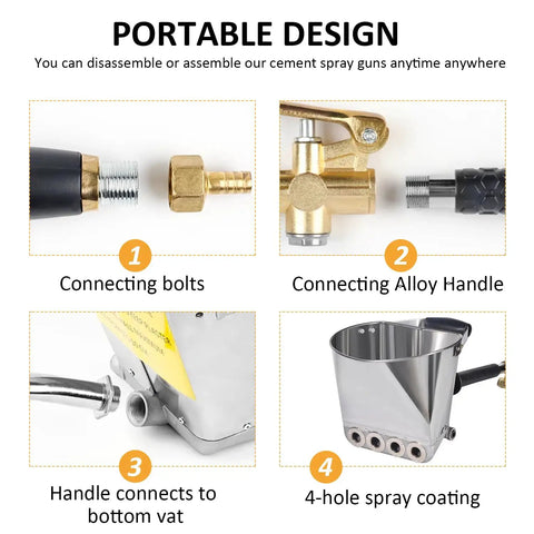 Portable Pro Stucco Sprayer Kit With Ceiling Hopper connection details, alloy handle, and 4-hole spray configuration.