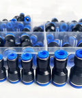 Premium 61 Piece Pneumatic Fitting Kit For Push To Connect Air Pipe Adapters In Smooth 4mm To 12mm Sizes Perfect For Hoses And Industrial Tools, black fittings in organizer
