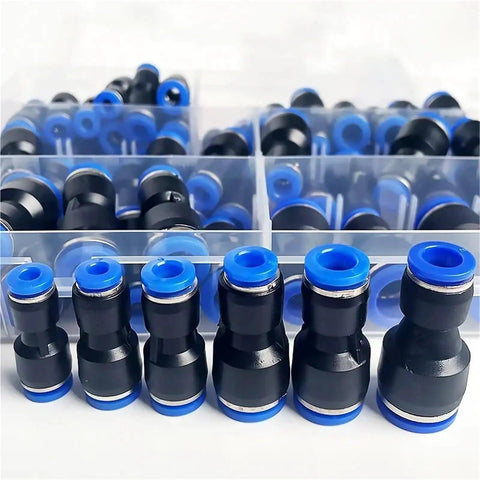 Premium 61 Piece Pneumatic Fitting Kit For Push To Connect Air Pipe Adapters In Smooth 4mm To 12mm Sizes Perfect For Hoses And Industrial Tools, black fittings in organizer