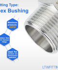 Close-up of Stainless Steel 316 Hex Bushing Reducer Fittings One Inch Male To Quarter Inch Female NPT under 450 PSI pressure