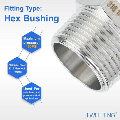 Close-up of Stainless Steel 316 Hex Bushing Reducer Fittings One Inch Male To Quarter Inch Female NPT under 450 PSI pressure
