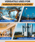 Images of industrial automation, outdoor LED lighting, building lighting, and outdoor electrical cabinets.