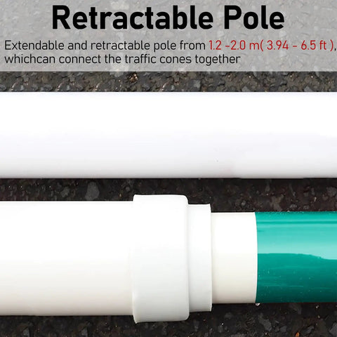 Heavy Duty Street Smart Ten Piece Retractable Traffic Cone Bar Extending Four To Seven Feet Dead Nuts Reliable For Road Construction Sites Loading Docks And Crowd Control Zones With Bright Reflective Strips, close-up of extendable pole.