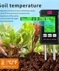 All In One 6 In 1 Soil Test Kit With LCD Display in garden showing temperature reading and soil moisture measurement