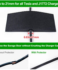 Heavy Duty EV Charger Cable Protector For Garage Door Pass Through With Soft Rubber Shield Reducing Gaps Fits All Tesla Models And J1772 Chargers And Wall Connectors, shown with cable in 21mm slot and comparison images without and with protector.