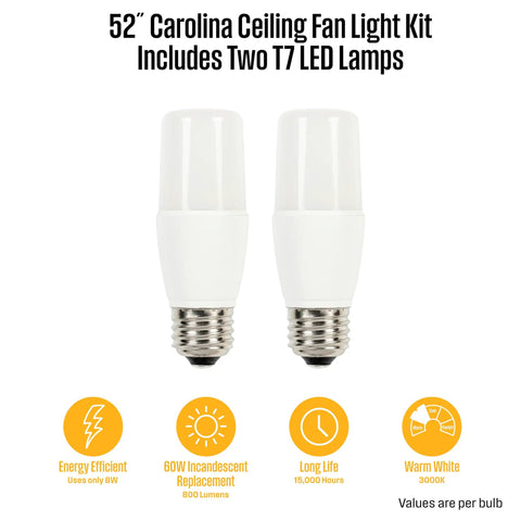 52” Carolina Ceiling Fan Light Kit with Two T7 LED Lamps for Quiet Indoor 52 Inch Ceiling Fan With LED Light Kit Reversible Blades In Applewood And Cherry Amber Alabaster Glass Bowl Brushed Nickel Bronze Finish Energy Efficient For Large Rooms Up To 225 Sq Ft