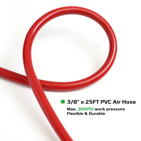 Close-up of 3/8 Inch By 25 Foot PVC Air Hose, flexible red hose with max 300 PSI pressure rating, detailed texture visible.
