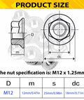 Diagram showing dimensions of Heavy Duty M12 x 1.25mm Serrated Flange Nut Set with measurements for auto and DIY projects.