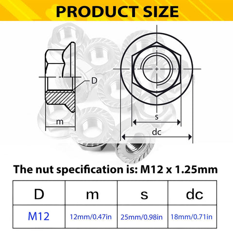 Diagram showing dimensions of Heavy Duty M12 x 1.25mm Serrated Flange Nut Set with measurements for auto and DIY projects.