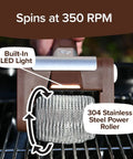 Giddy Up Grill Cleaner Cordless BBQ Scrubber With 350 RPM Stainless Roller And LED Light against grill surface.