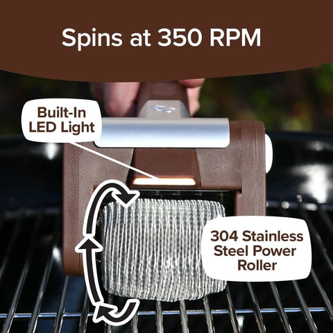 Giddy Up Grill Cleaner Cordless BBQ Scrubber With 350 RPM Stainless Roller And LED Light against grill surface.