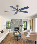 52 Inch Ceiling Fan With Remote No Light Kit Industrial Farmhouse Style in living room, nickel finish, five reversible blades