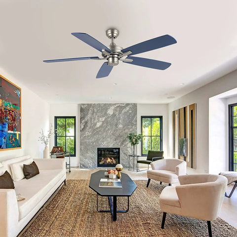 52 Inch Ceiling Fan With Remote No Light Kit Industrial Farmhouse Style in living room, nickel finish, five reversible blades