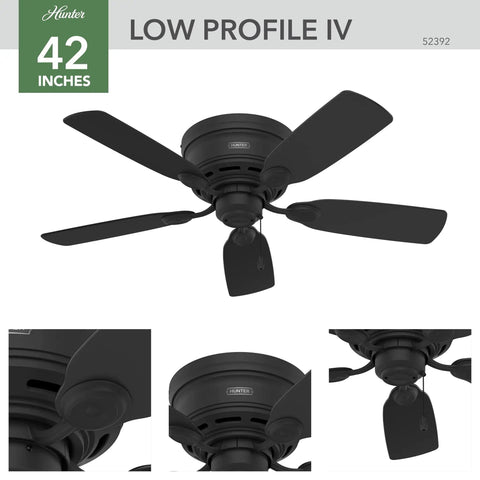 42 Inch Indoor Ceiling Fan No Light No Frills Black Low Profile Flush Mount With 5 Blades For Bedroom Living Room Or Kitchen Pull Chain Control Perfect For Low Ceilings Under 9 Feet Matte Black Finish displayed in multiple angles