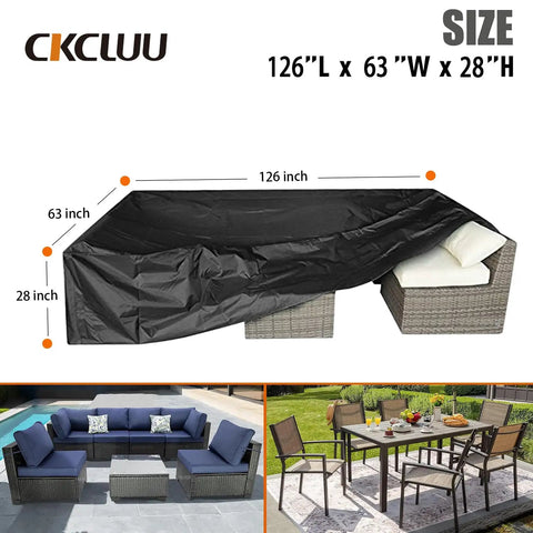 All Weather Patio Furniture Set Cover For Outdoor Sectional Sofa And Table And Chair Sets No Hassle Water Resistant Large 315 Cm L By 160 Cm W By 74 Cm H Fits 7 To 9 Piece Sets Weatherproof Protection showing cover dimensions and images of furniture sets