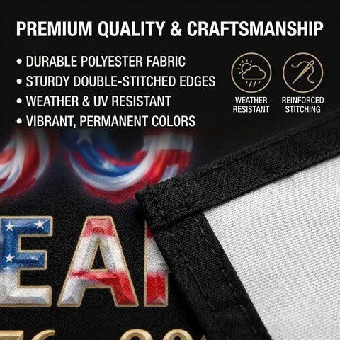 Close-up of Patriotic 12x18 Inch Garden Flag For 250th Anniversary Celebration 1776 To 2026 All American Backyard Outdoor Decor with text.