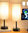 Set Of 2 Fully Dimmable Bedside Lamps With USB C Charging Port And Built In USB Ports And Outlets, Black Base on table