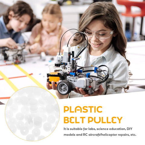 Child experimenting with robotic machine featuring Mini Belt Pulley Wheel 0.36 Inch Bore for 2mm Shaft Durable PP Plastic Gear