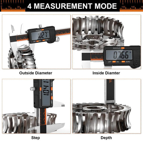 6 Inch Digital Caliper measuring outside and inside diameter, step, depth with stainless steel, large LCD screen, waterproof feature.
