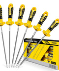 Six Piece Chainsaw File Set With Handle Pro Grade Heavy Duty Round Files Includes 5 32nd Inch 3 16th Inch And 7 32nd Inch For Pro DIY Chain Saw Sharpening With T12 Carbon Steel, shown with yellow ergonomic handles and packaging.