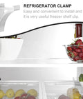 Aluminum Refrigerator Shelf Hooks Pack Of 10, showing a single sturdy hook holding a shelf with fruits, illustrating easy installation and support.