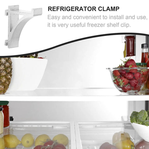 Aluminum Freezer Shelf Clips Set Easy Install Refrigerator Shelf Braces shown in a refrigerator with fruits and jars