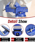 Beefy 8 Inch Swivel Bench Vise With Locking Base And Rotating Mount showing 360 swivel and serrated jaws.
