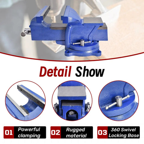 Beefy 8 Inch Swivel Bench Vise With Locking Base And Rotating Mount showing 360 swivel and serrated jaws.