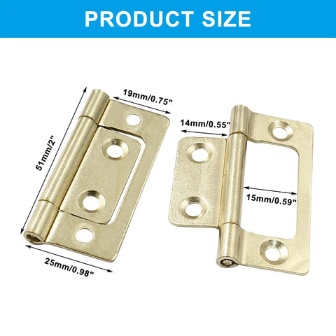 Heavy Duty Ten Pack Two Inch Gold Non Mortise Door Hinges With Mounting Screws showing size dimensions of 2 inch hinges.