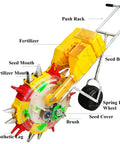 Hand Push Garden Seeder With 7 Adjustable Seed Mouths And Dual Storage Buckets Metal Precision Planter, labeled parts visible.