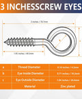 Heavy Duty Zinc Plated Eye Screws For Wood, 3 Inch Robust Threads Hold Fast Like A Champ, detailed dimensions diagram.