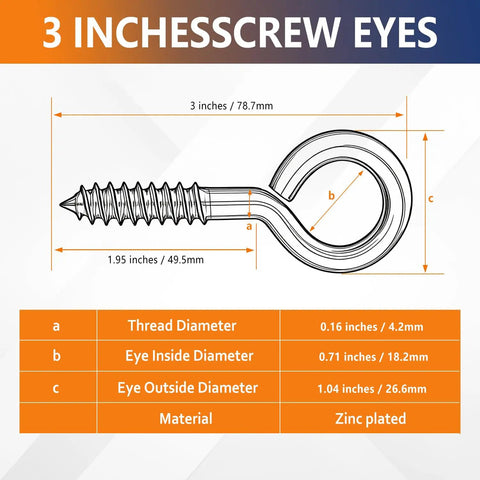 Heavy Duty Zinc Plated Eye Screws For Wood, 3 Inch Robust Threads Hold Fast Like A Champ, detailed dimensions diagram.