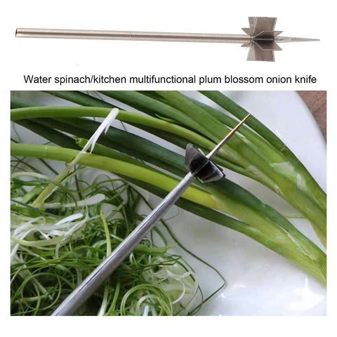 Stainless steel plum-blossom onion cutter with long handle, multipurpose slicer for onions, scallions, zucchini