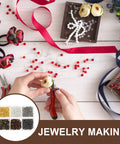 Hands working with colorful mix screw eye pins kit for jewelry making and DIY crafts. Tools and ribbons visible on table.