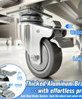 Close-up of 3 Inch Swivel Caster Wheels Set Of 4 With Grey PU Wheels showing brake mechanism on metal structure