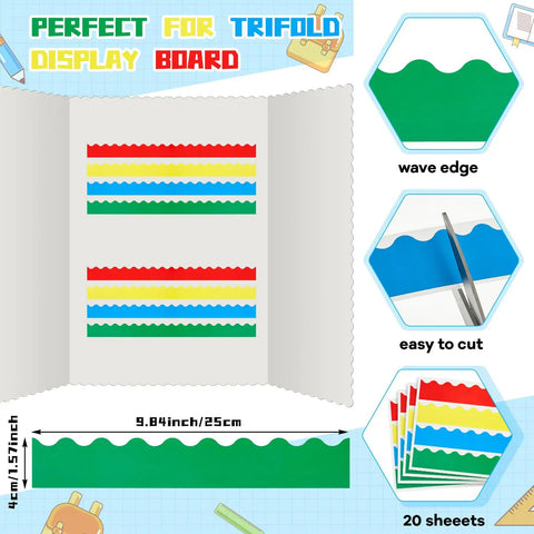 Back To School Science Fair Board Supplies Kit with scalloped bulletin borders in red, yellow, blue, green for classroom display.
