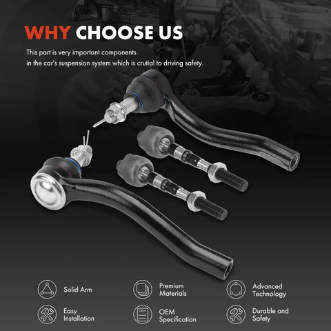 Infiniti Front Inner And Outer Tie Rod End Kit Replacement For Precise Steering And Even Tire Wear Reduction Direct Fit Front Suspension Upgrade For EX35 EX37 G37 M35 M45 Q50 AWD Models, 4-piece set