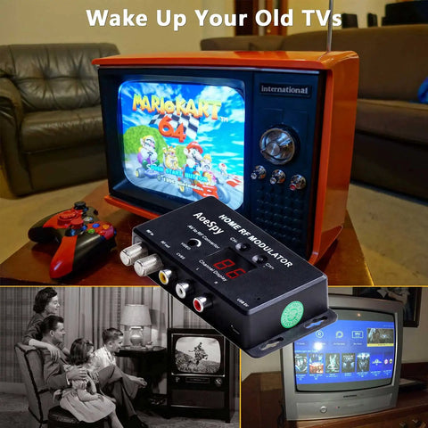 RCA To Coax RF Modulator Converter With Channel Switch For TV Tuner And Set Top Boxes Cables Video To Analog NTSC Output with retro TV display