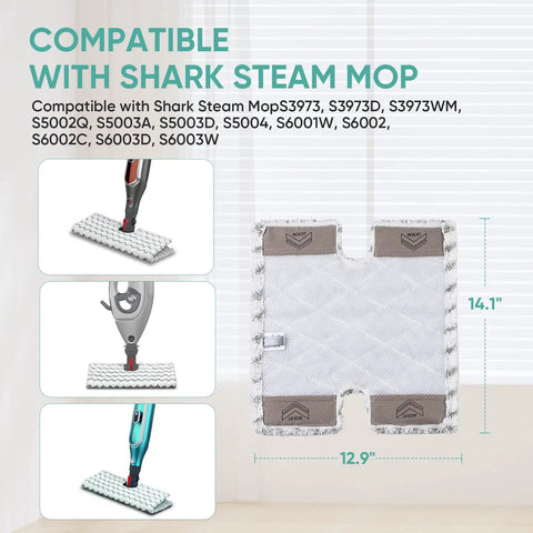 Diagram showing compatible Shark mops with 4 Pack Genius Steam Mop Pads Compatible With Shark Genius Hard Floor Cleaning System And Lift Away Pro Pocket Mops S5003D S6002 S5004Q S3973D Part XTP184 P184WQ Easy Fit Durable Cleaning Pads For Deep Clean.