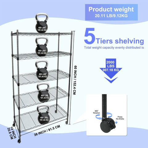 Beefy 5 Tier Metal Storage Shelves With Wheels And Adjustable Feet, 400 Lbs Per Shelf, 2000 Lbs Total Capacity, 36 Inch L x 14 Inch W x 60 Inch H, Black Garage Workshop Organization